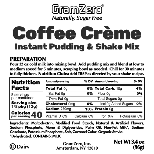 COFFEE CRÉME Sugar Free Pudding Mix, Stevia Sweetened, Great For Nutrition Club Shakes, 3.4 Oz