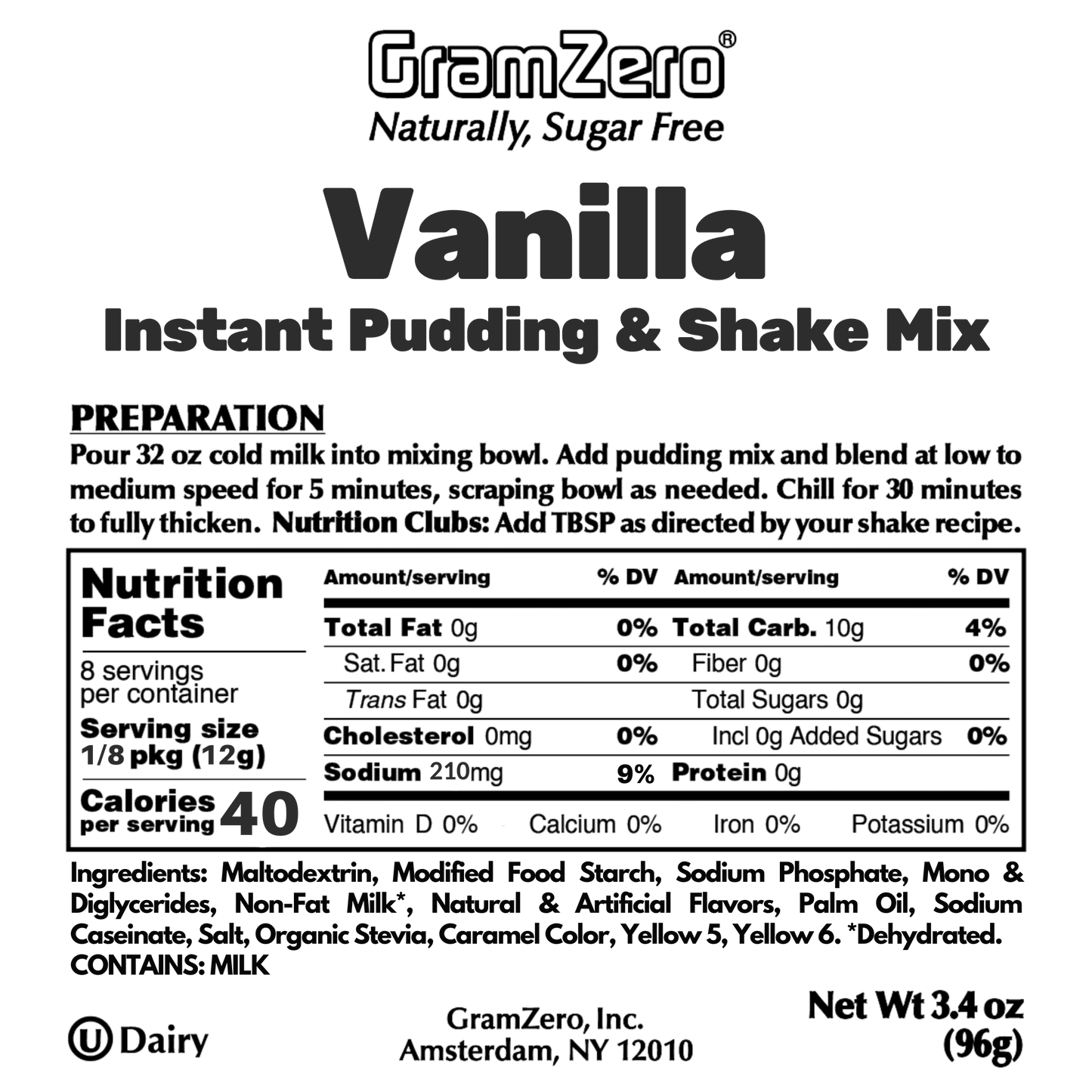 VANILLA Sugar Free Pudding Mix, Stevia Sweetened, Great For Nutrition Club Shakes, 3.4 Oz