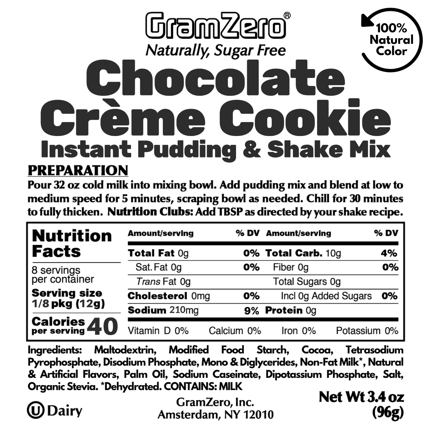 CHOCOLATE CRÉME COOKIE Sugar Free Pudding Mix, Stevia Sweetened, Great For Nutrition Club Shakes, 3.4 Oz