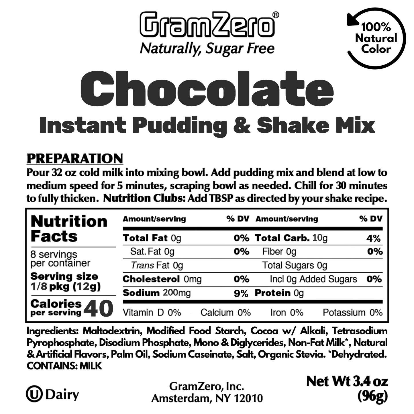 CHOCOLATE Sugar Free Pudding Mix with Natural Color, Stevia Sweetened, Great For Nutrition Club Shakes, 3.4 Oz