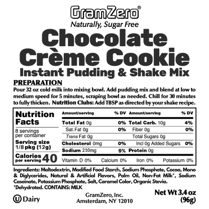 CHOCOLATE CRÉME COOKIE Sugar Free Pudding Mix, Stevia Sweetened, Great For Nutrition Club Shakes, 3.4 Oz
