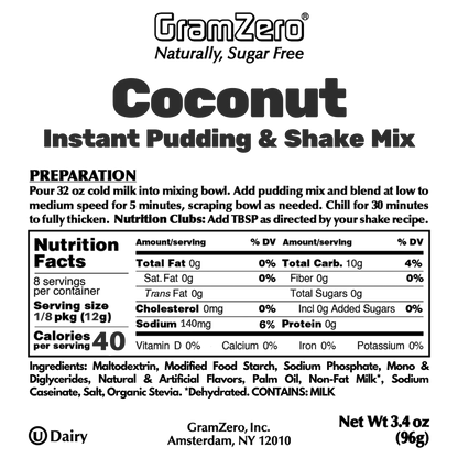 COCONUT Sugar Free Pudding Mix, Stevia Sweetened, Great For Nutrition Club Shakes, 3.4 Oz