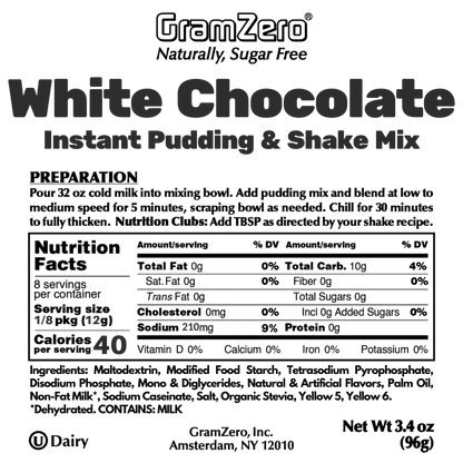 WHITE CHOCOLATE Sugar Free Pudding Mix, Stevia Sweetened, Great For Nutrition Club Shakes, 3.4 Oz