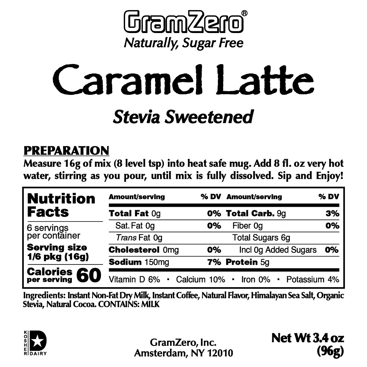 CARAMEL LATTE Instant Dissolve Hot Beverage Mix ~ Stevia Sweetened Only ~ 3.4 Oz