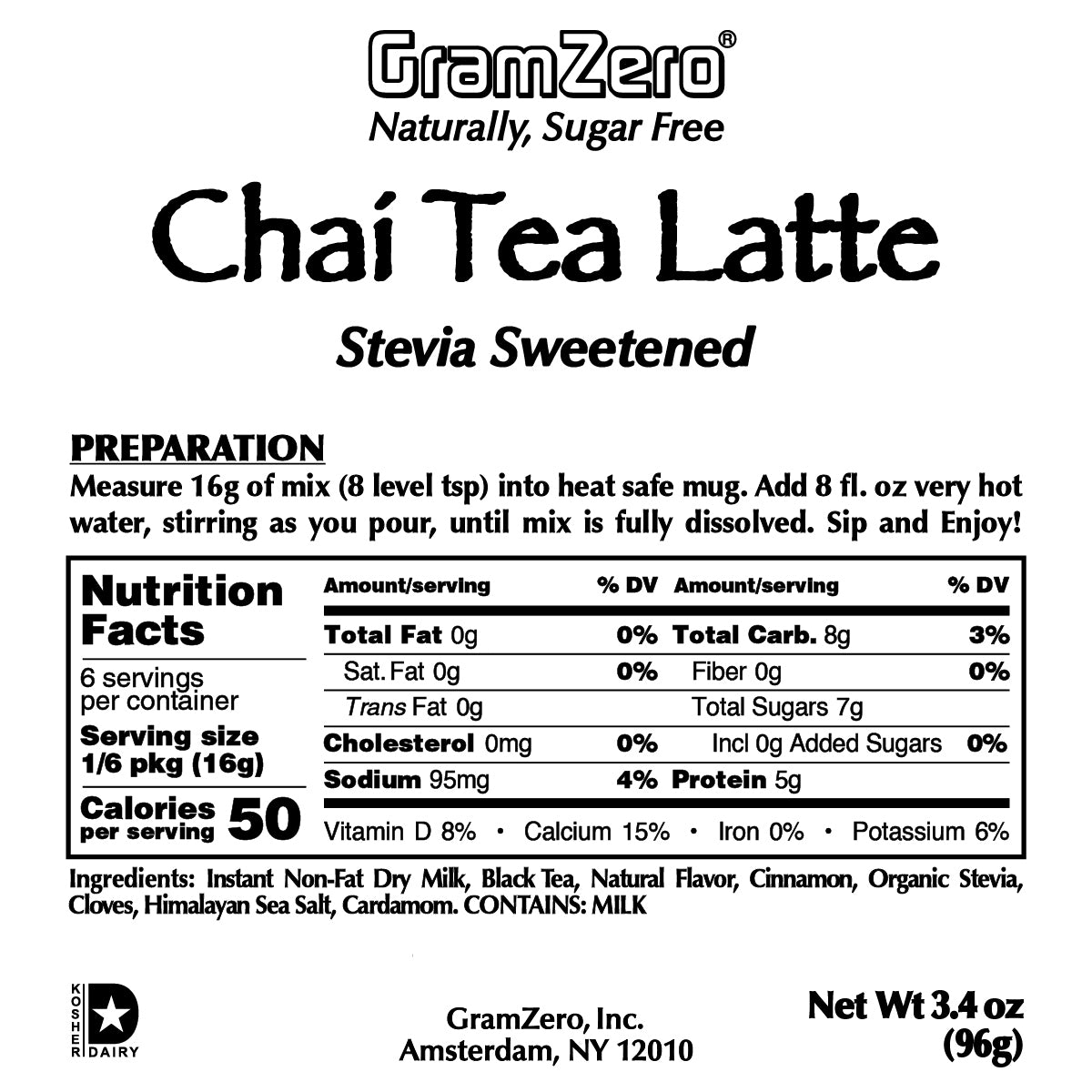 CHAI TEA LATTE Instant Dissolve Hot Beverage Mix ~ Stevia Sweetened Only ~ 3.4 Oz