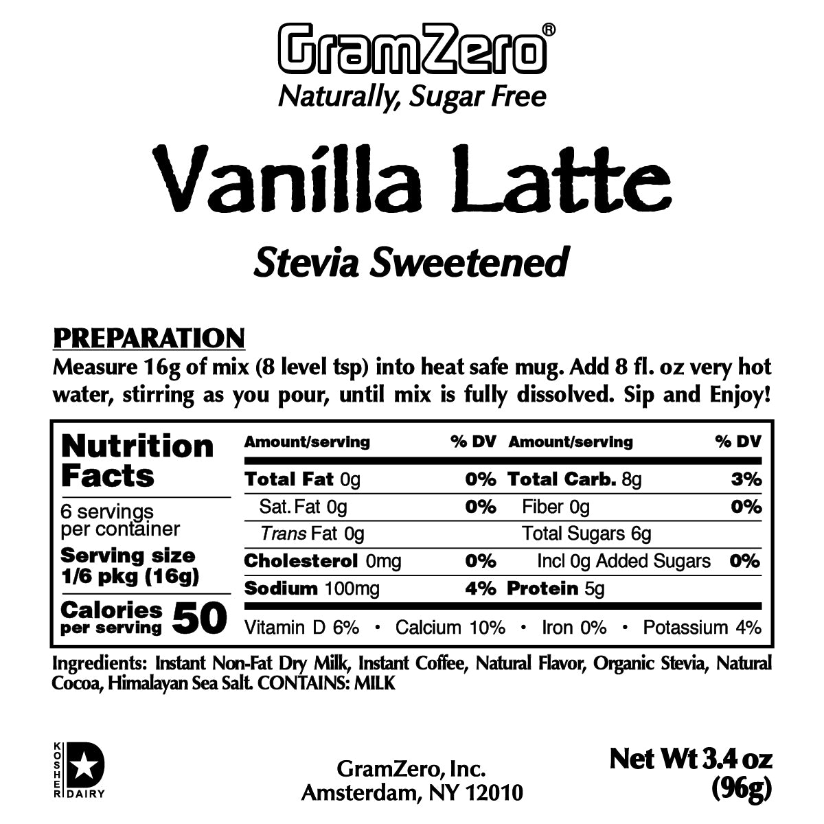 VANILLA LATTE Instant Dissolve Hot Beverage Mix ~ Stevia Sweetened Only ~ 3.4 Oz