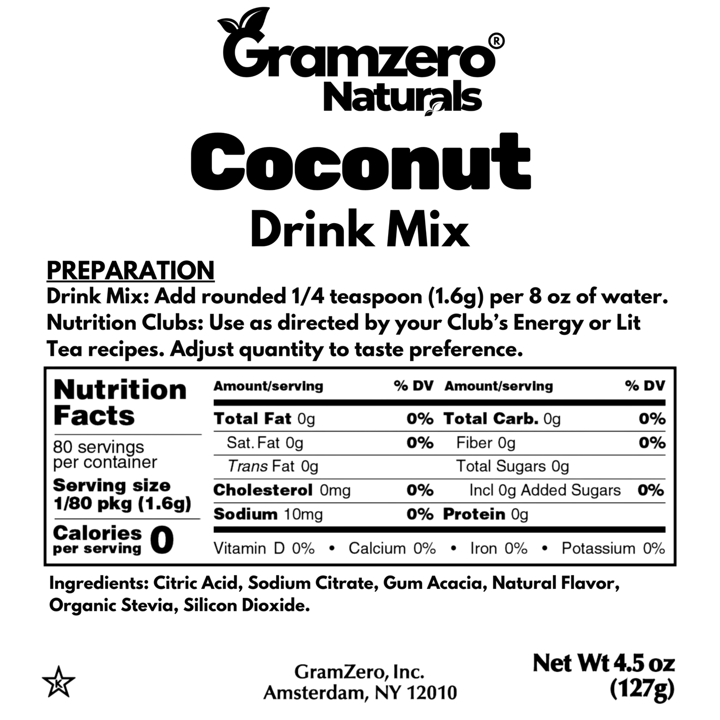 COCONUT ALL NATURAL 2GO Sugar Free Drink Mix Sticks: 10 Pack - Great for Loaded Tea Kits