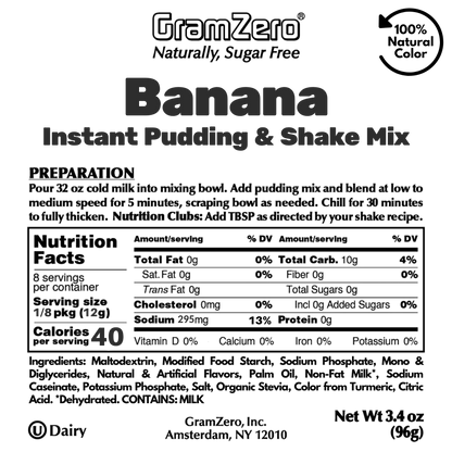 BANANA Sugar Free Pudding Mix, Stevia Sweetened, Great For Nutrition Club Shakes, 3.4 Oz