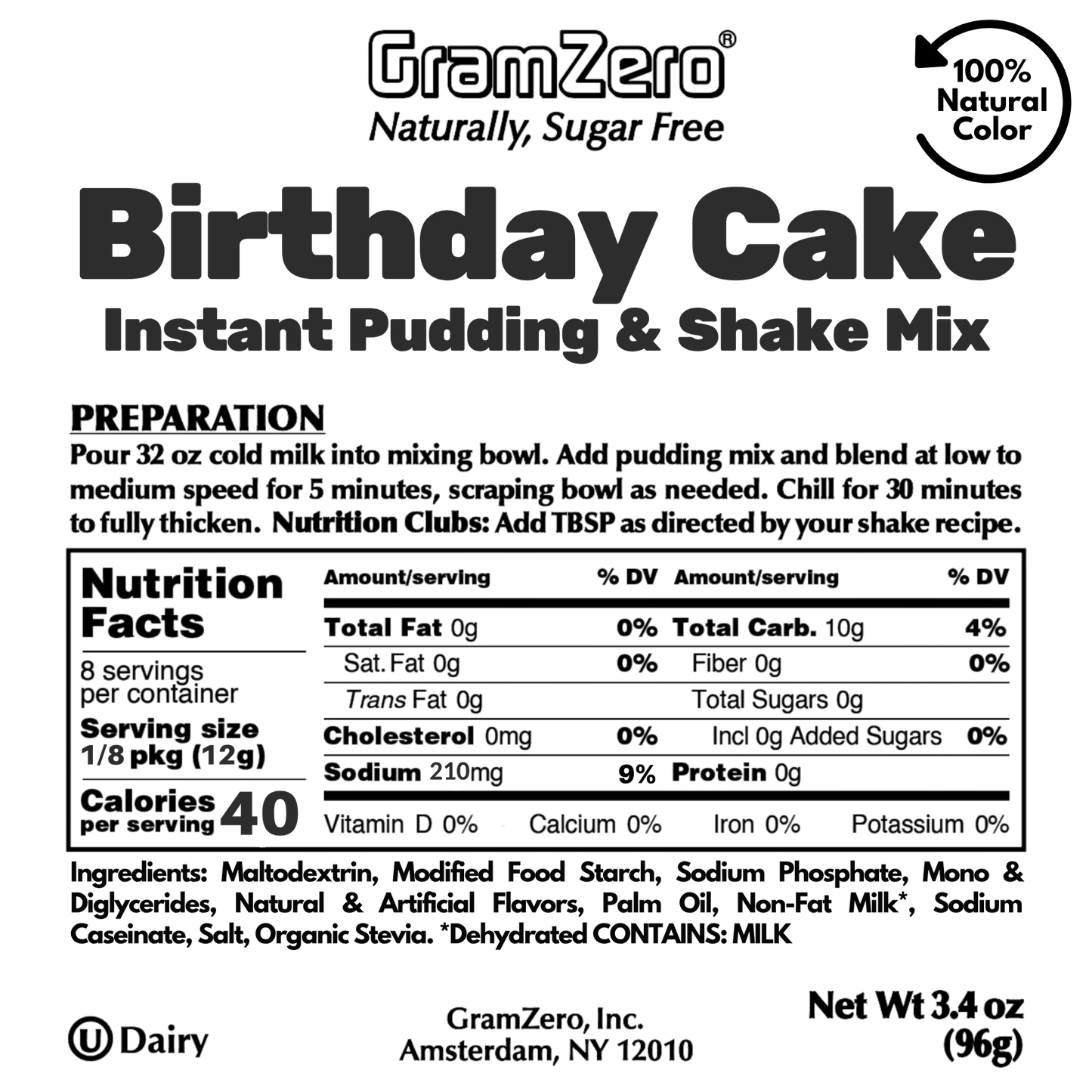 BIRTHDAY CAKE Sugar Free Pudding Mix, Stevia Sweetened, Great For Nutrition Club Shakes, 3.4 Oz
