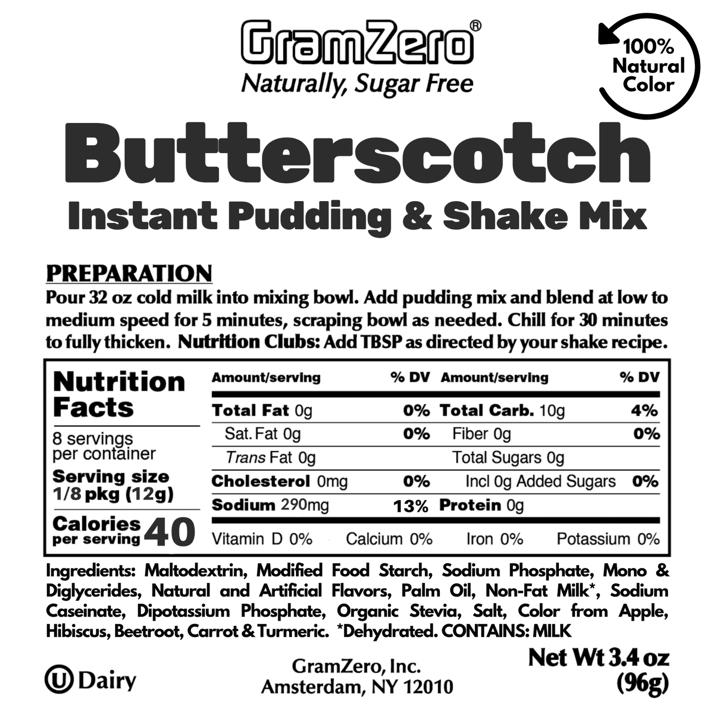 BUTTERSCOTCH Sugar Free Pudding Mix, Stevia Sweetened, Great For Nutrition Club Shakes, 3.4 Oz