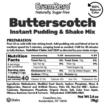 BUTTERSCOTCH Sugar Free Pudding Mix, Stevia Sweetened, Great For Nutrition Club Shakes, 3.4 Oz