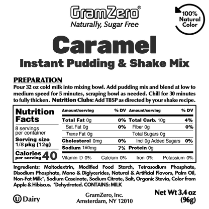 CARAMEL Sugar Free Pudding Mix, Stevia Sweetened, Great For Nutrition Club Shakes, 3.4 Oz