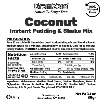 COCONUT Sugar Free Pudding Mix, Stevia Sweetened, Great For Nutrition Club Shakes, 3.4 Oz
