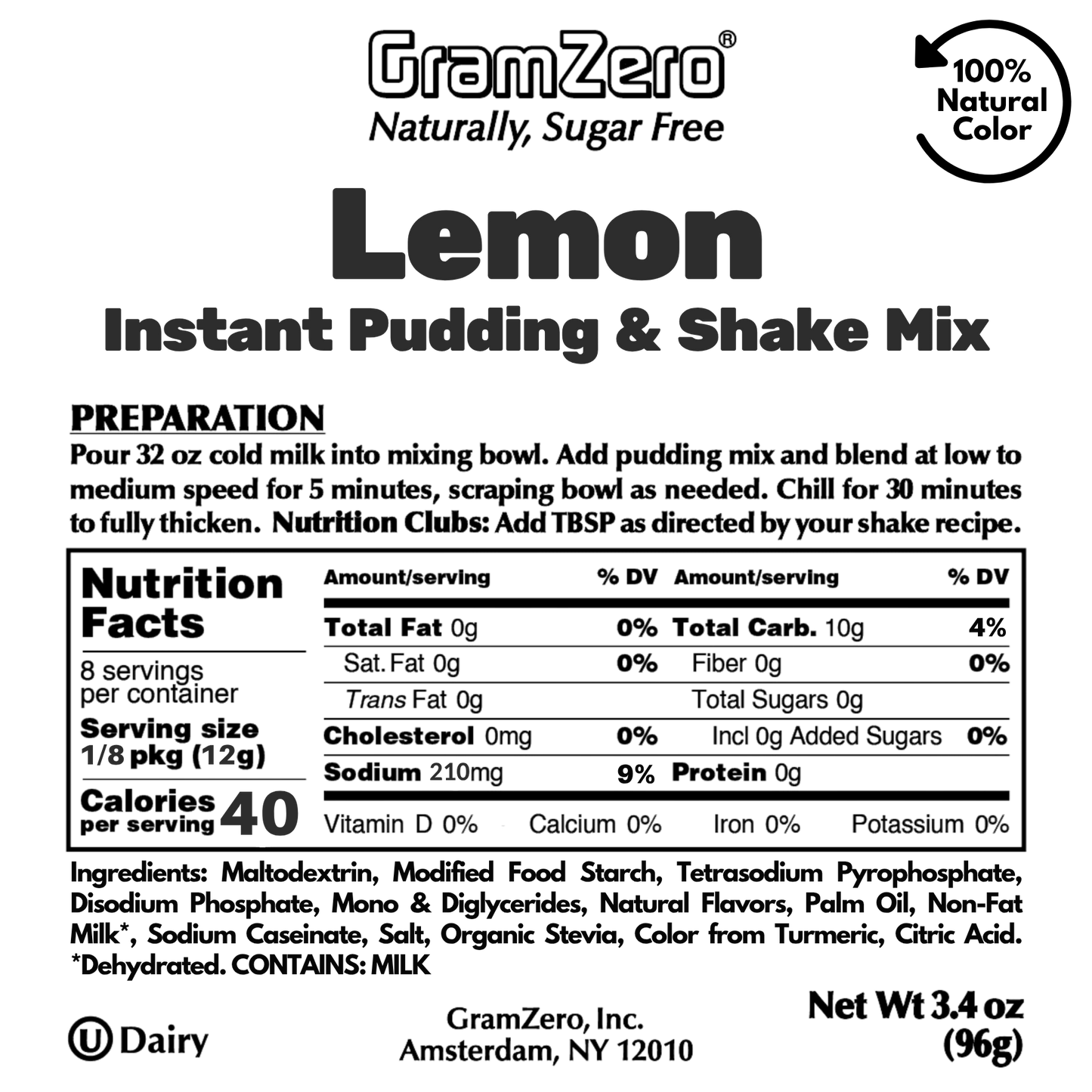 LEMON Sugar Free Pudding Mix, Stevia Sweetened, Great For Nutrition Club Shakes, 3.4 Oz