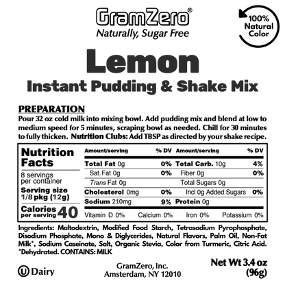 LEMON Sugar Free Pudding Mix, Stevia Sweetened, Great For Nutrition Club Shakes, 3.4 Oz