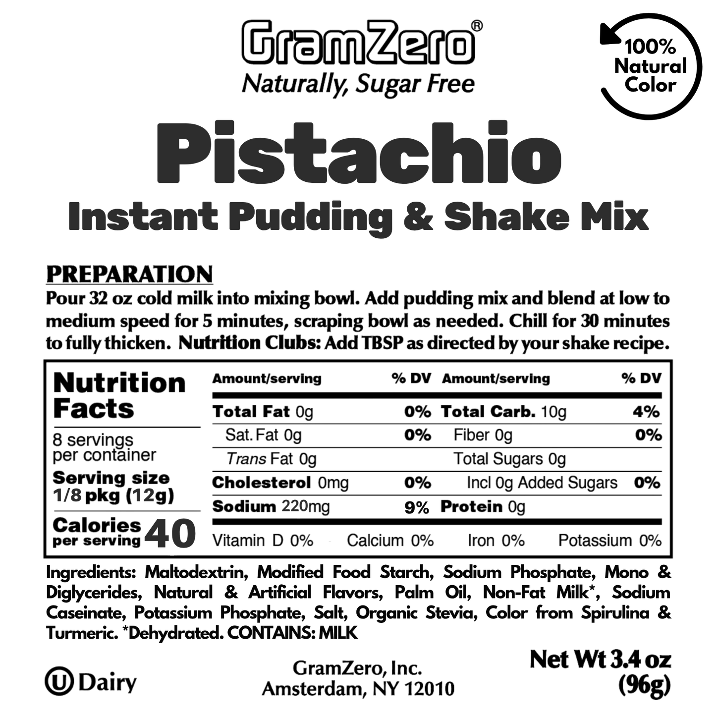 PISTACHIO Sugar Free Pudding Mix, Stevia Sweetened, Great For Nutrition Club Shakes, 3.4 Oz