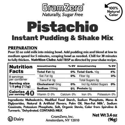 PISTACHIO Sugar Free Pudding Mix, Stevia Sweetened, Great For Nutrition Club Shakes, 3.4 Oz