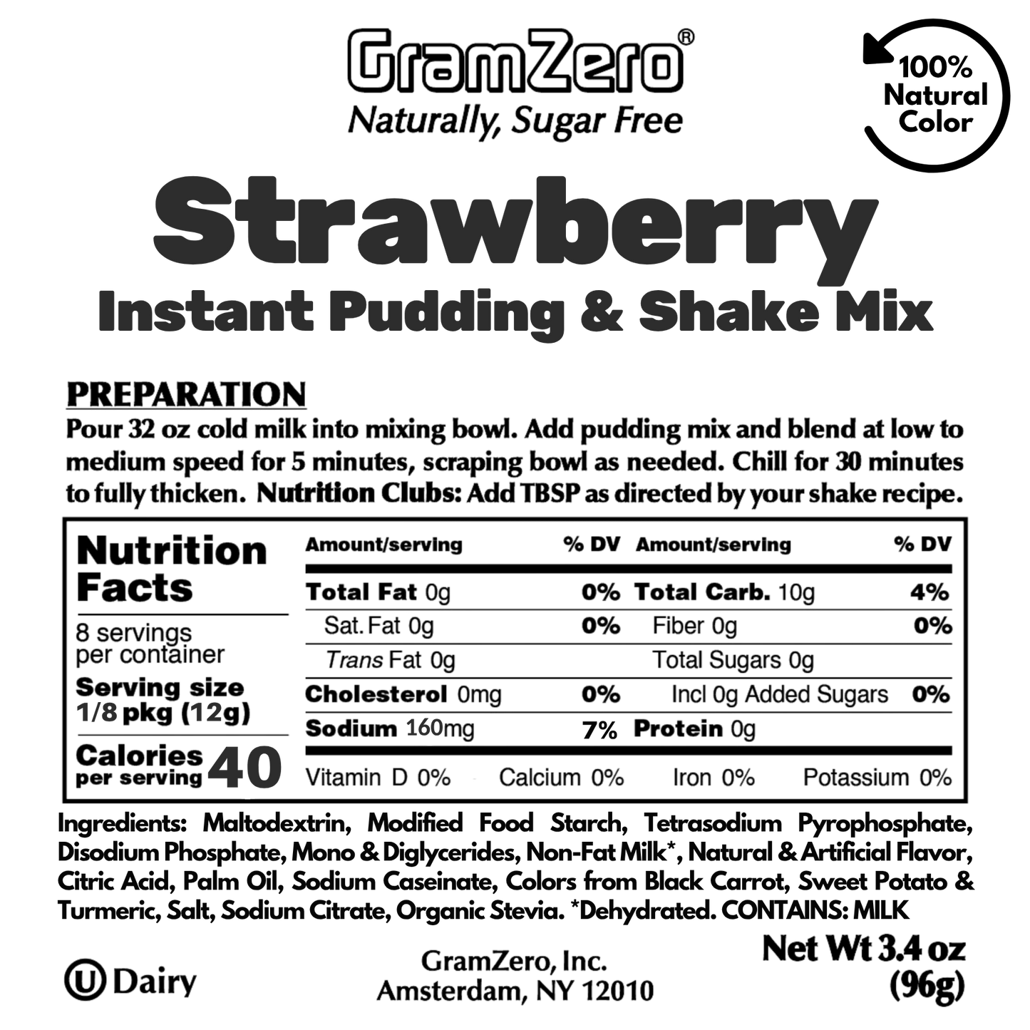 STRAWBERRY Sugar Free Pudding Mix, Stevia Sweetened, Great For Nutrition Club Shakes, 3.4 Oz