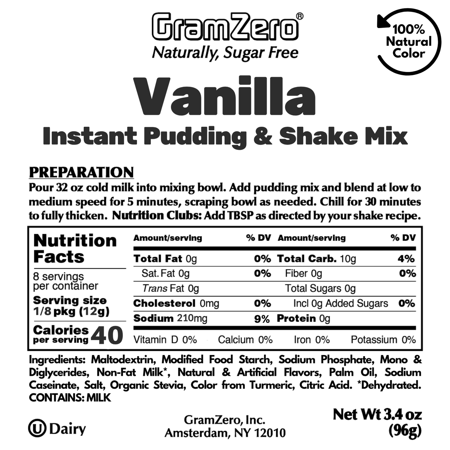 VANILLA Sugar Free Pudding Mix, Stevia Sweetened, Great For Nutrition Club Shakes, 3.4 Oz