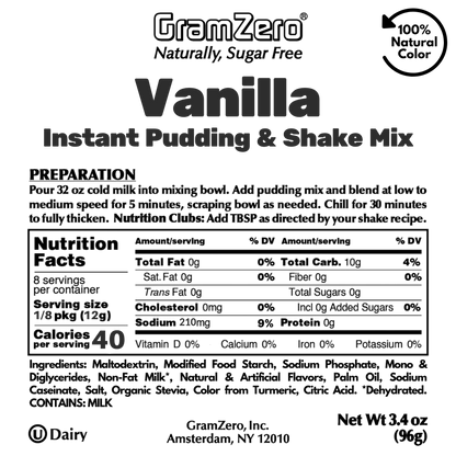 VANILLA Sugar Free Pudding Mix, Stevia Sweetened, Great For Nutrition Club Shakes, 3.4 Oz