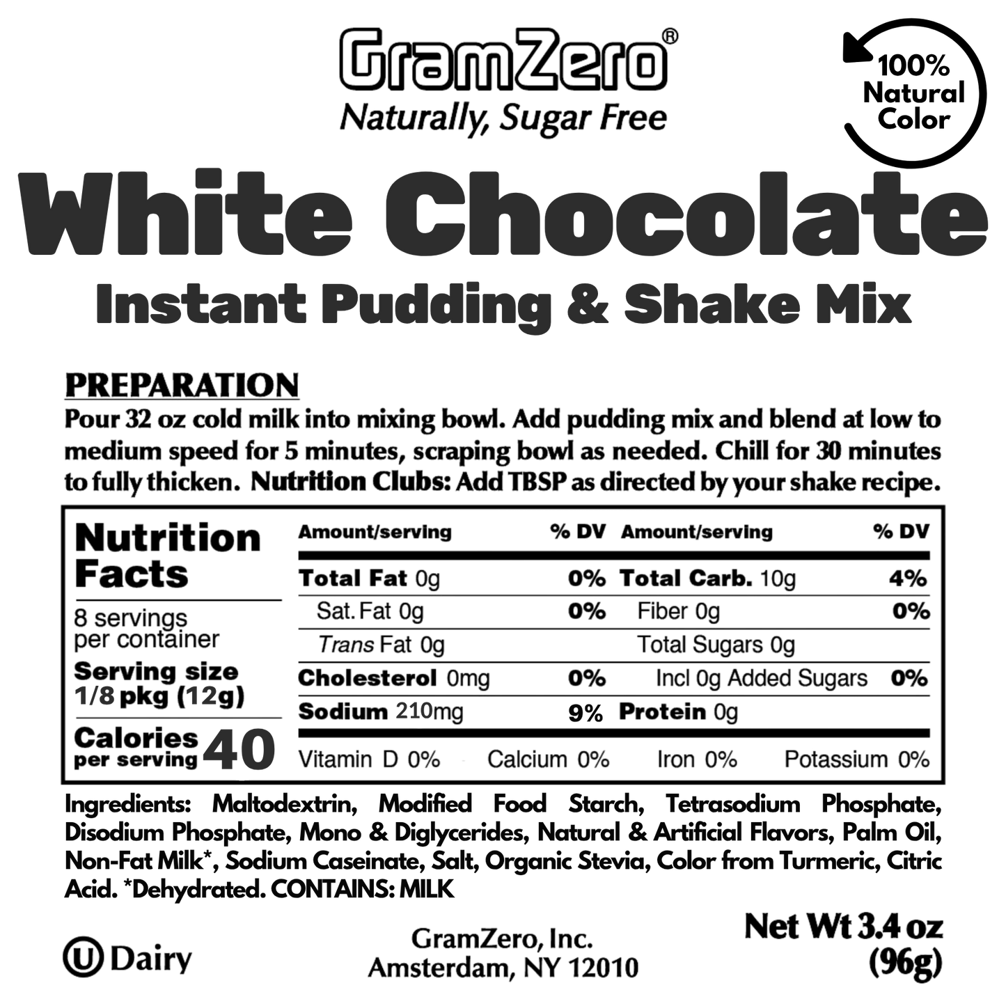 WHITE CHOCOLATE Sugar Free Pudding Mix, Stevia Sweetened, Great For Nutrition Club Shakes, 3.4 Oz
