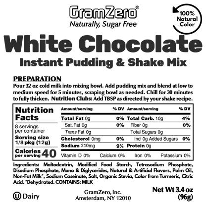 WHITE CHOCOLATE Sugar Free Pudding Mix, Stevia Sweetened, Great For Nutrition Club Shakes, 3.4 Oz