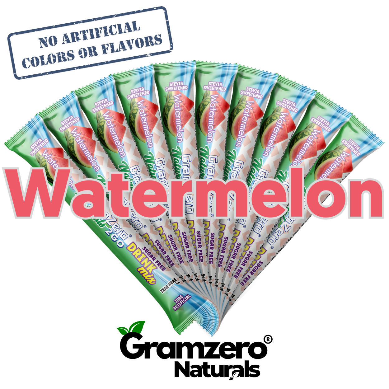 WATERMELON ALL NATURAL 2GO Sugar Free Drink Mix Sticks: 10 Pack - Great for Loaded Tea Kits